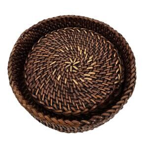 Set of 4 Vintage MCM Wicker Wooden Coasters w/ Holder Brown